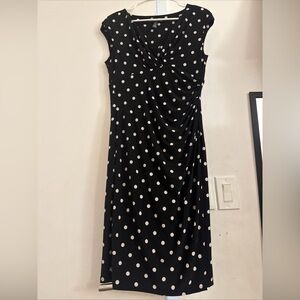 Elegant LAUREN Ralph Lauren Size 10 Polka Dot Black Dress Knee Length Side Slit